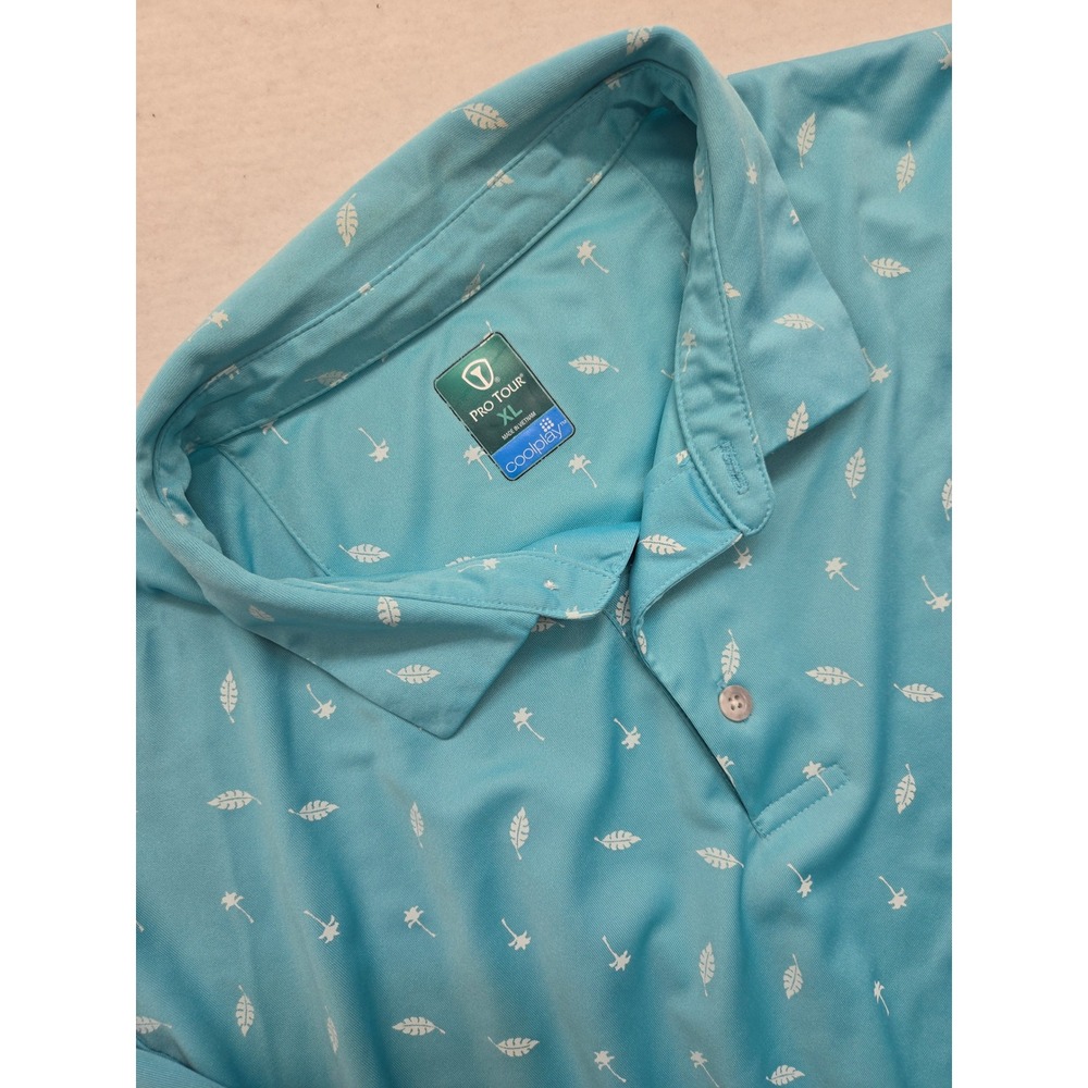 Pro‎ Tour Golf Polo Shirt XL Palm Leaf Print Blue Moisture Wicking Coolplay AOP